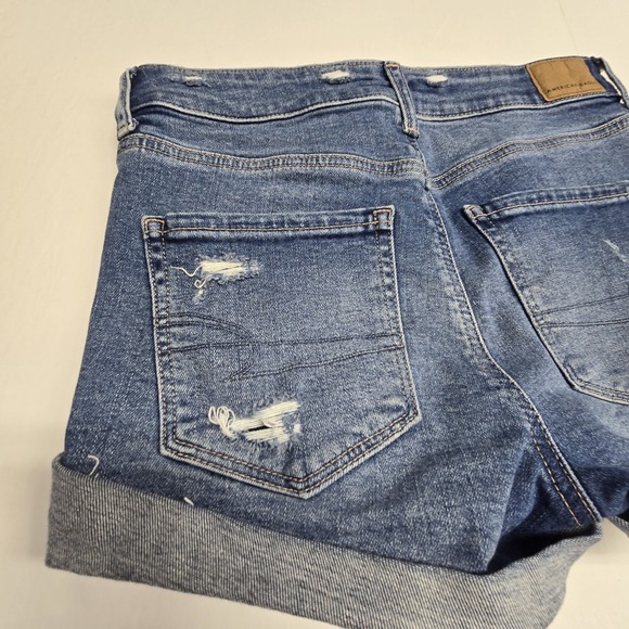 American Eagle Shortie Short Womens Size 4 Hi Rise Blue Cuffed Distressed Denim - Picture 11 of 14
